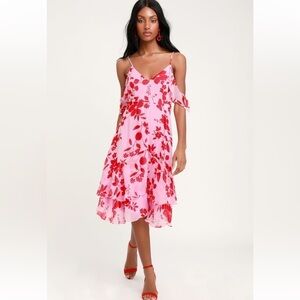 Lulus Valorous Vera Pink Floral Print Midi Dress Size Medium